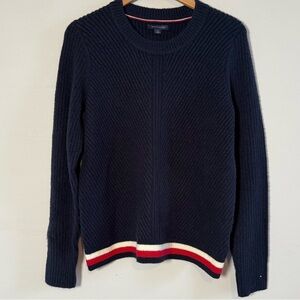 Tommy Hilfiger Women’s Navy Sweater with Red and White Trim, Size L